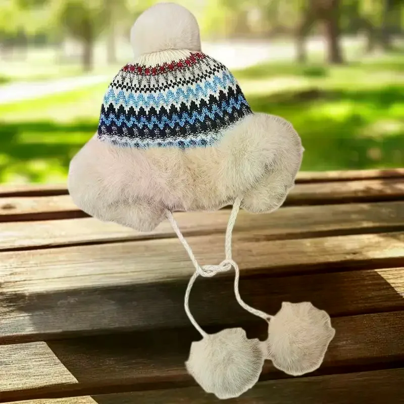 Chapéu lei feng quente forrado de lã engrossado para mulheres malha jacquard padrão proteção de ouvido chapéu à prova de frio versátil chapéu casual
