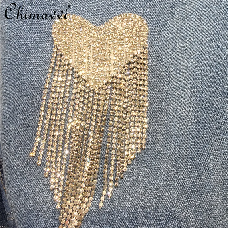 패션 핫 다이아몬드 프린지 와이드 레그 진 여성 2025 여름 신상 하이 스트릿 스트레이트 팬츠 큰 사이즈 여성 데님 팬츠