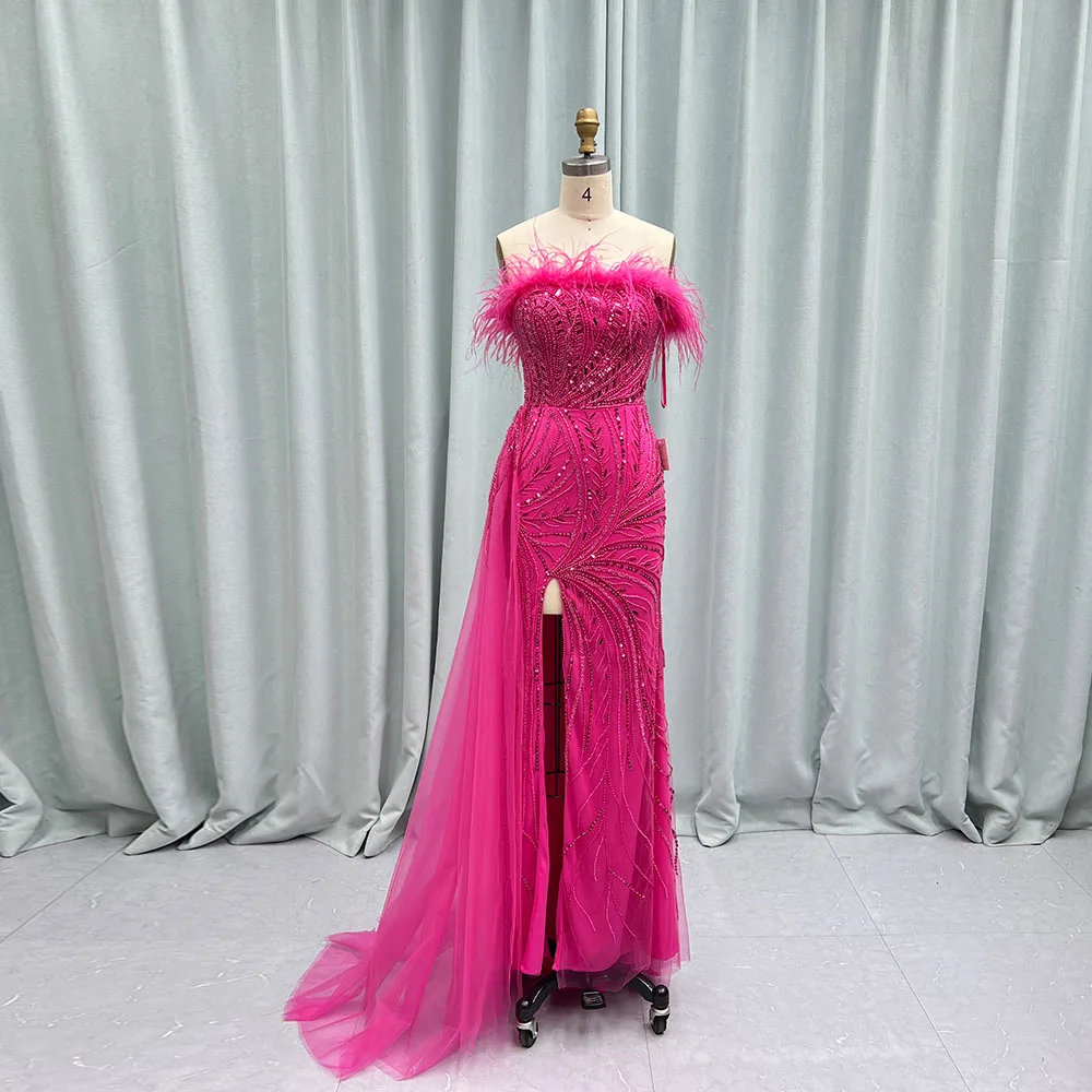 YQLNNE Fuchsia Feathers Long Slit Evening Dresses Strapless Tulle Beaded Sequined Formal Evening Party Gown With Side Drape