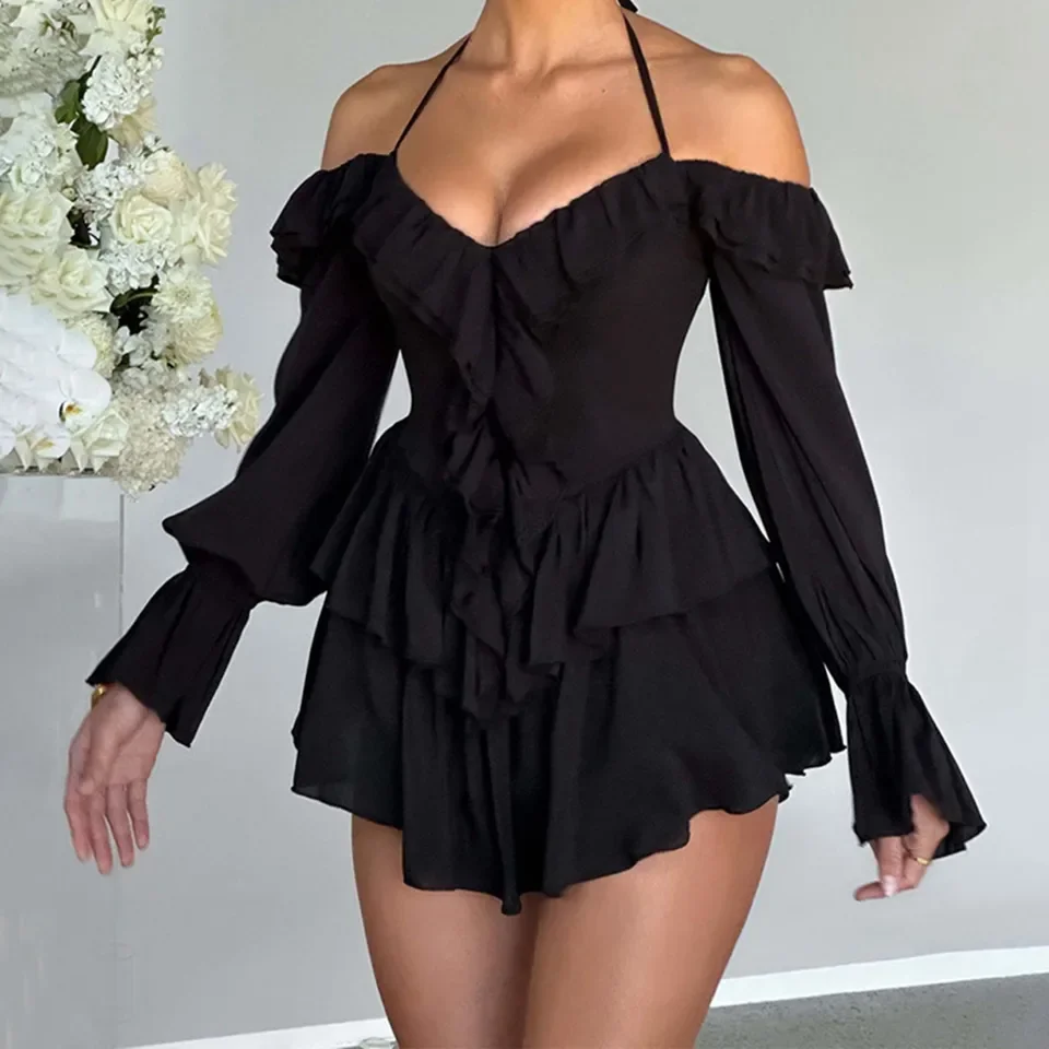 فستان مكشكش مثير مكشوف الأكتاف من Peplum فستان قصير غير رسمي بأكمام منتفخة وبذلة رسن ذات قصة منخفضة بلون سادة فساتين نسائية أنيقة #5