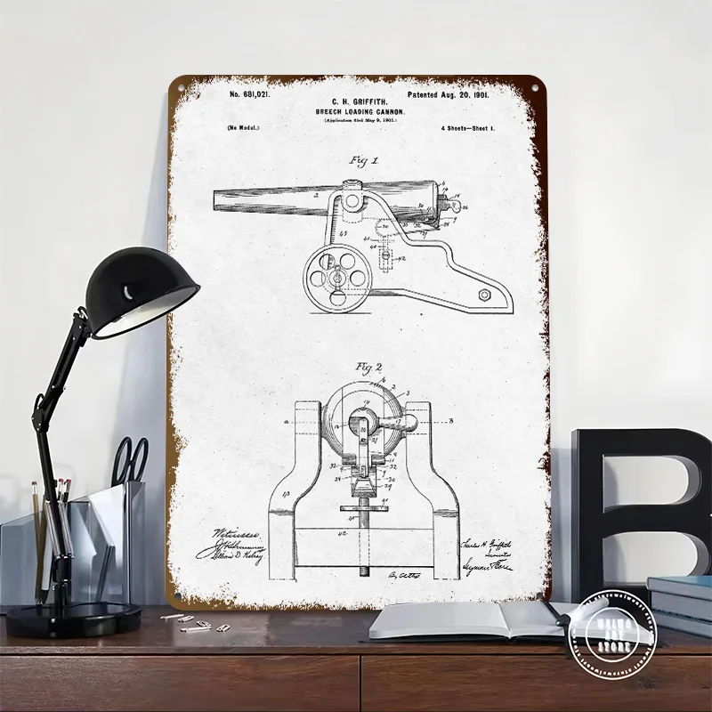 Breech Loading Cannon Patent Metal Poster Customized Wall Art Retro Vintage Metal Signs for Man Cave Decoration Home Decor Items