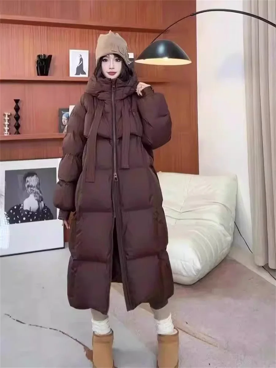 

Women's Duck Down Cotton Padded Jackets Korean Thickened Warm Long Overcoat Solid Hooded Overall Winter Light Outwear