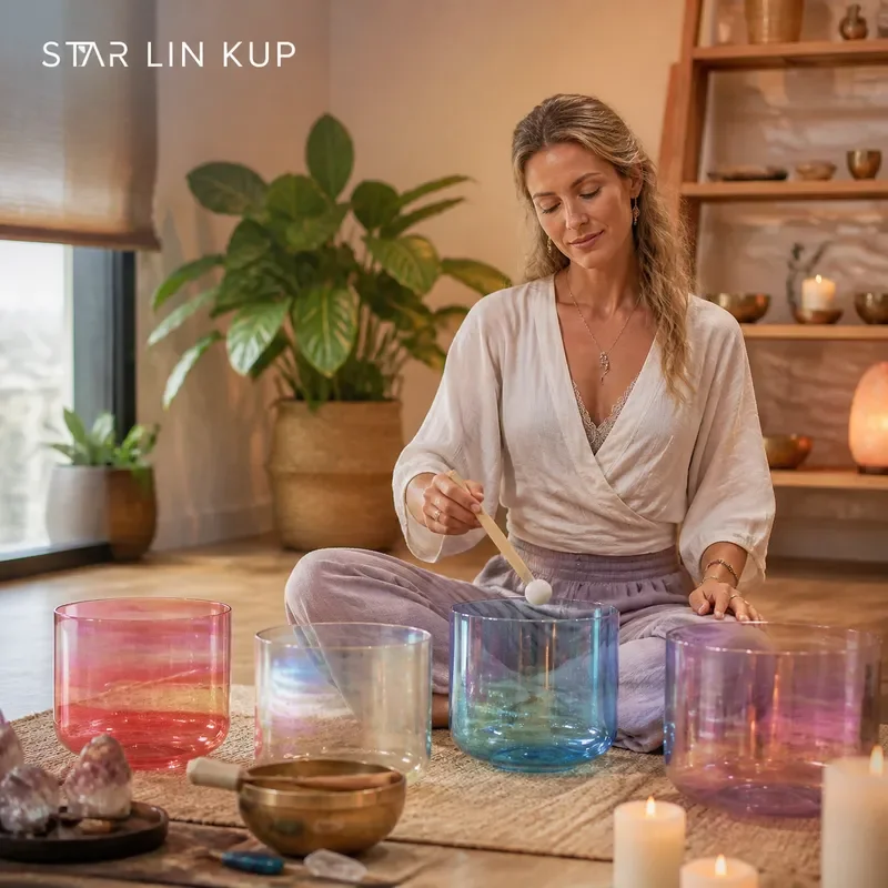 STAR LIN KUP 432Hz Red Blue Gradient Transparent Alchemy Crystal Singing Bowl with Accessories for Meditation Yoga Sound