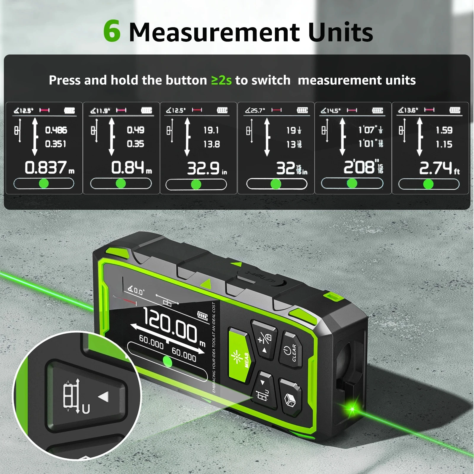 120M/200M Dual Laser Rangefinder Green Beam Digital Laser Meter Multiple Unit Measurement Tool With Backlit LCD display