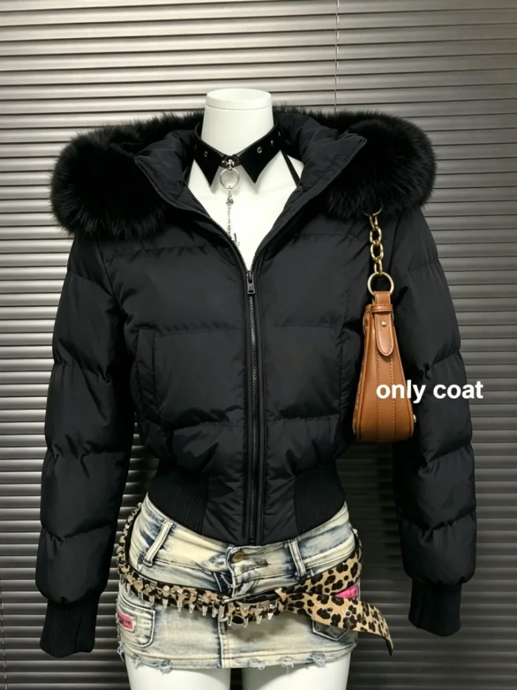 Y2K Japanese Streetwear Women Winter Short Parka Faux Fur Trim Hood Zip‑Up Long Sleeve Cropped Puffer Outerwear Jacket Fashion