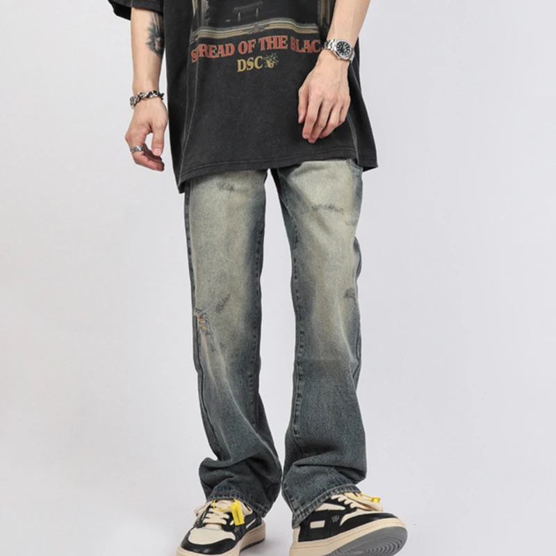 

Autumn and Winter Retro Men's Jeans Loose Straight Leg Pants Hip-Hop Pants Korean Casual Pants Deep Blue Baggy Jeans