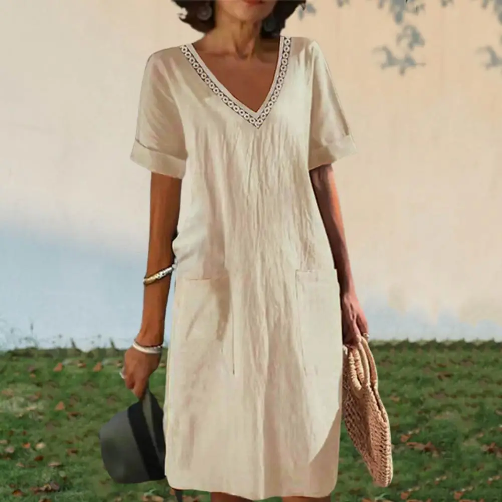 

Summer Commute Dress Stylish V Neck Midi Dress with Side Pockets for Women Summer Wear with Short Sleeves High Waist for Comfort