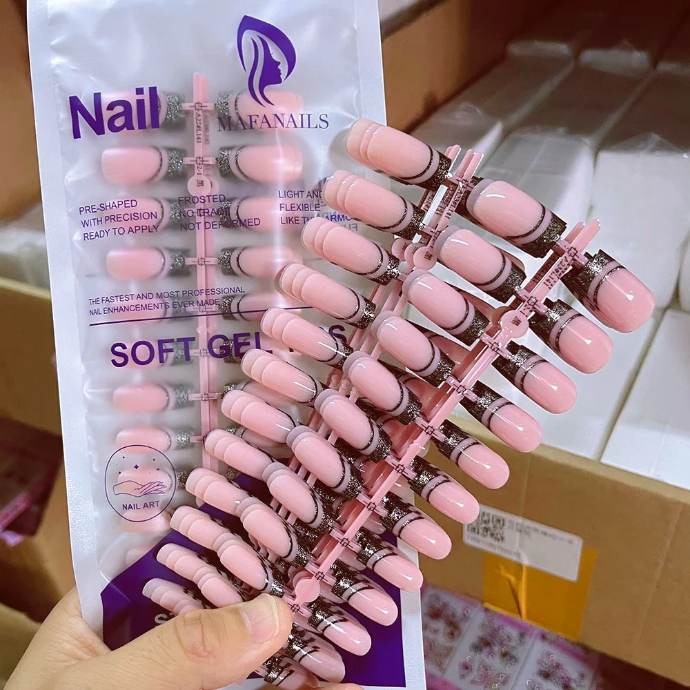 120 個ブラックフレンチヒントプレス爪アクリルロング棺スクエア偽爪フルカバーウェアラブルバレリーナ付け爪エクステンション