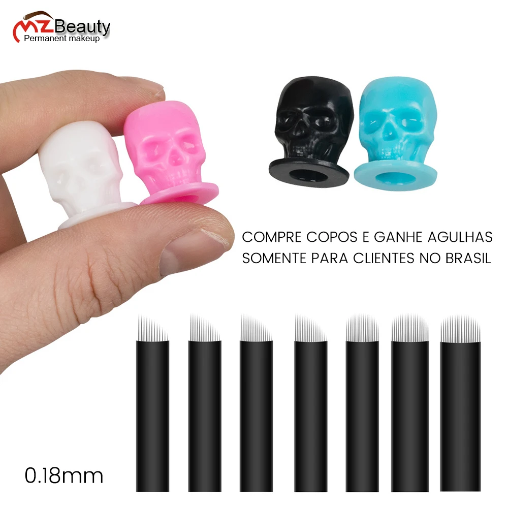 Disposable Tattoo Skull Ink Cups Permanent Makeup Coloring Pigment Cup Container With Microblading Blades Dia 0.18mm Needles 50