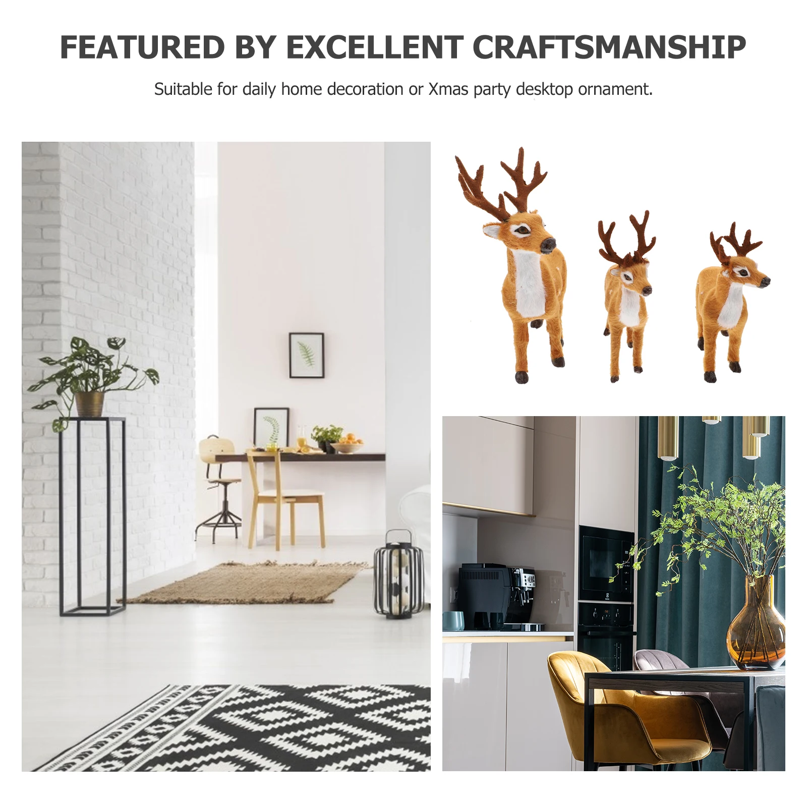 

3pcs Simulated Deer Decoration Xmas Animal Adornment Brown Sika Figurines Plastic Faux Desktop Ornament for Home