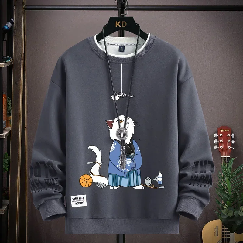 Sweater Jepang leher O pria, Sweatshirt bercetak kartun kucing musim gugur, pakaian pria trendi lengan panjang leher O