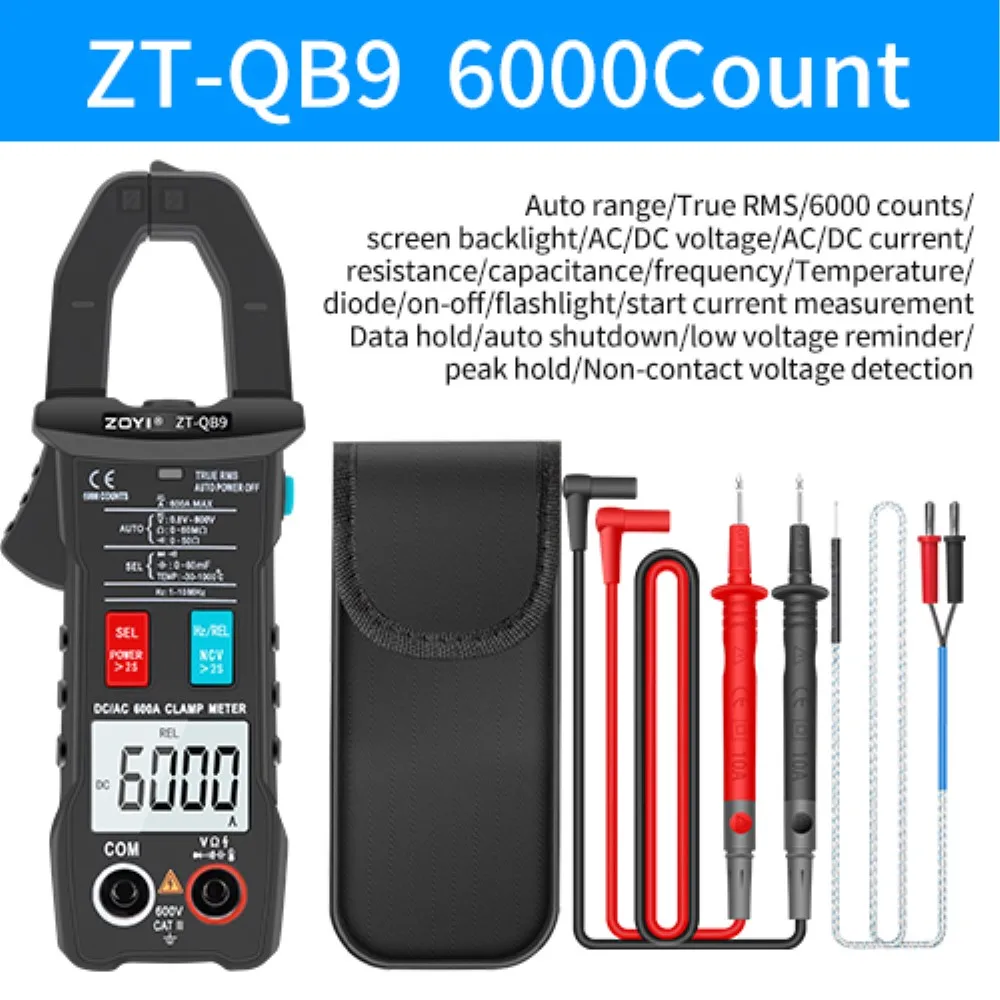 Zoyi ZT-QB9 Digitale Klem Meter Dc/Ac Stroom 6000 Telt Multimeter Ammeter Spanningstester Auto Amp Hz Capaciteit Ncv Ohm Test