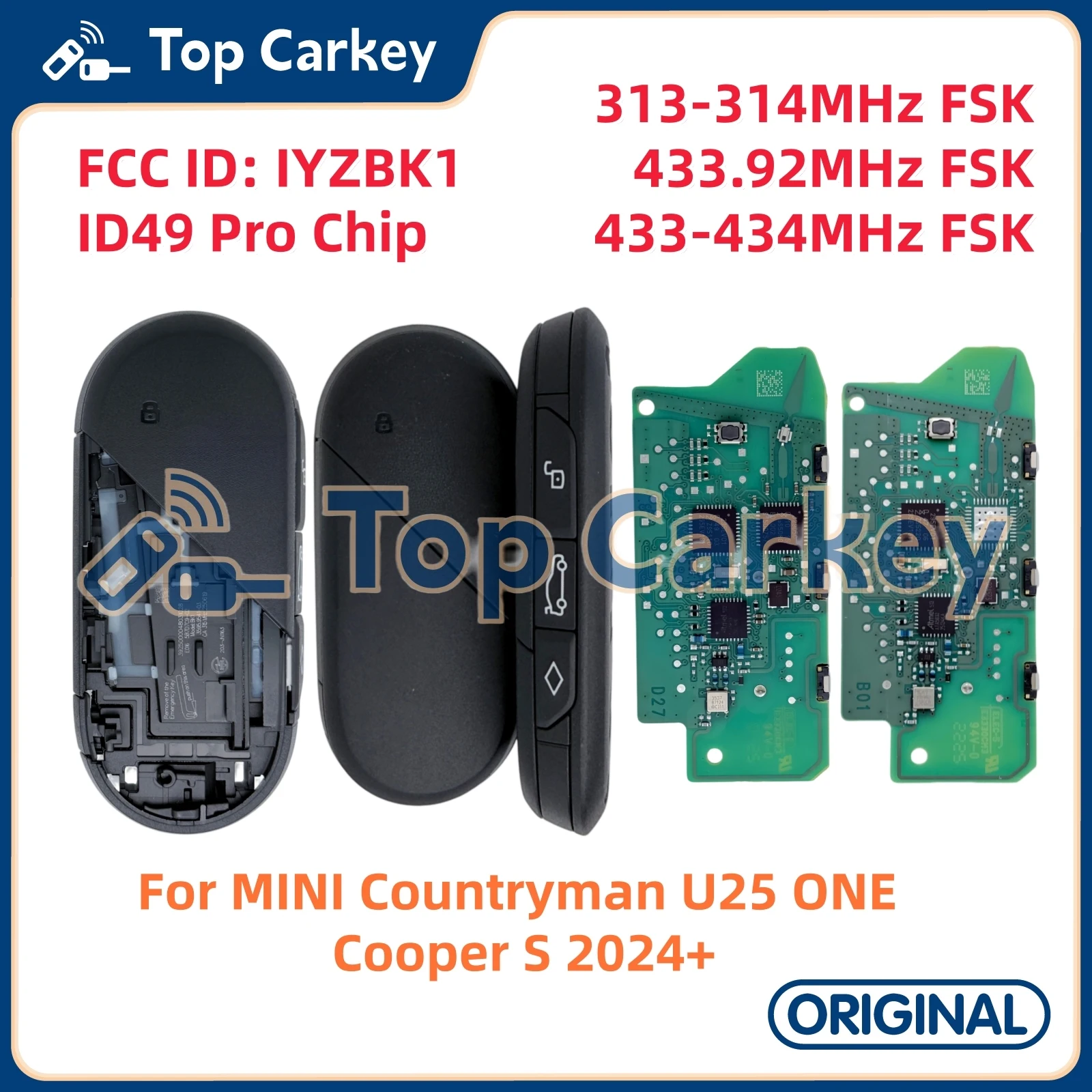 TopCarkey IYZBK1 Original Smart Remote Key ID49 315MHz 433.92MHz 433MHz for MINI Countryman U25 ONE Cooper S JCW ALL4 2024