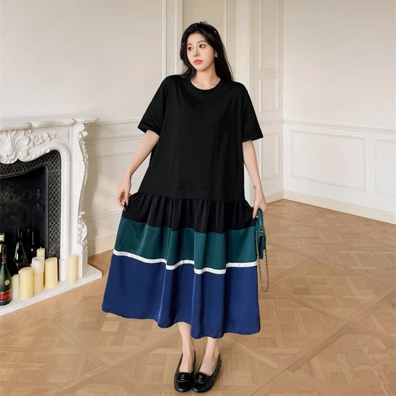 Zomer Plus Size Dames Loose Fit Korte mouw Kleurcontrast Street Style Oversize Ronde hals A-lijn T-shirt Lange jurk