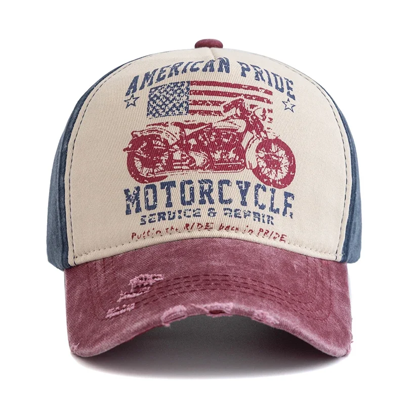 New Motorcycle Printing Baseball Cap Vintage Color Block Washed Cap Adjustable Dad Hats for Women Men