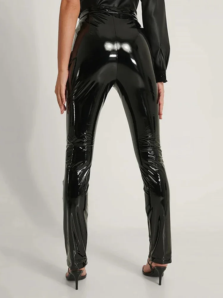 Women Shiny Faux Leather Pencil Pants High Waist Faux Latex Stretch Trousers Ladies Slim PU Leggings Clubwear Support Custom