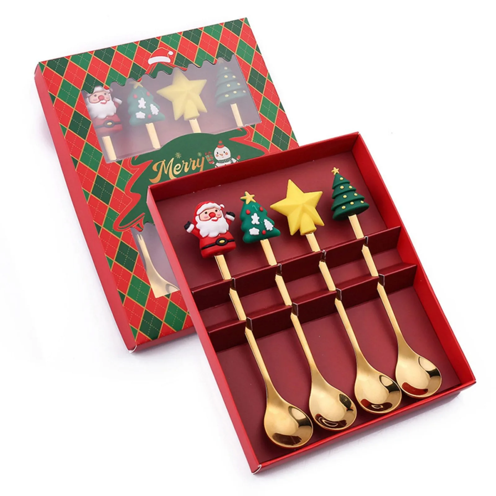 4Pcs Christmas Spoons/Forks Boxes Gifts,Presents Set for Celebrating Home Party,Classic Patterns For Kitchen Utensils,Xmas Gifts