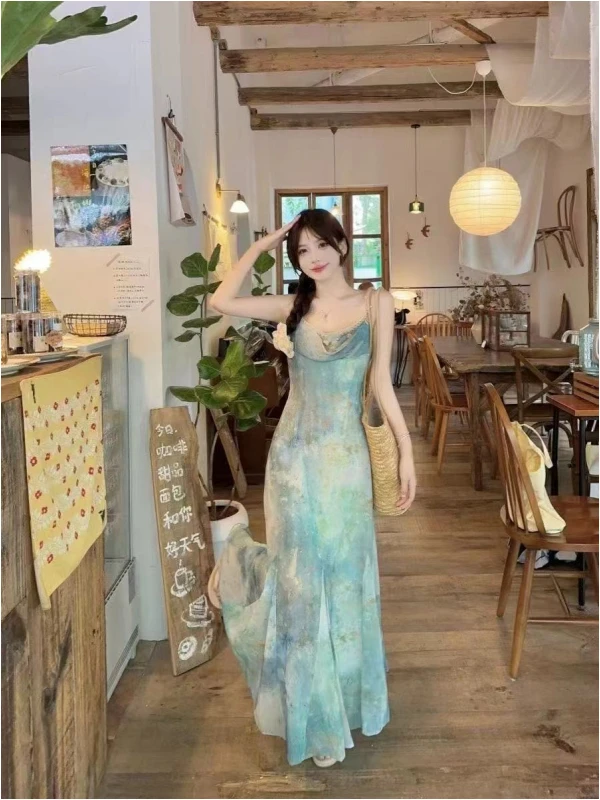 Verano Vaion Sle Strapl Dr Mujer Salida en la playa PINTURA AL ÓLEO BDING Falda acampanada Larga Dr Fairy T Ele