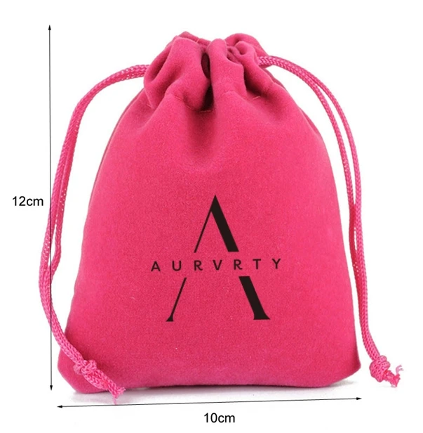 

100 Pieces 10x12cm Hot Pink Velvet Bags Drawstring Gift Jewelry Pouches Screen Printing With Black Logo Customised Logo