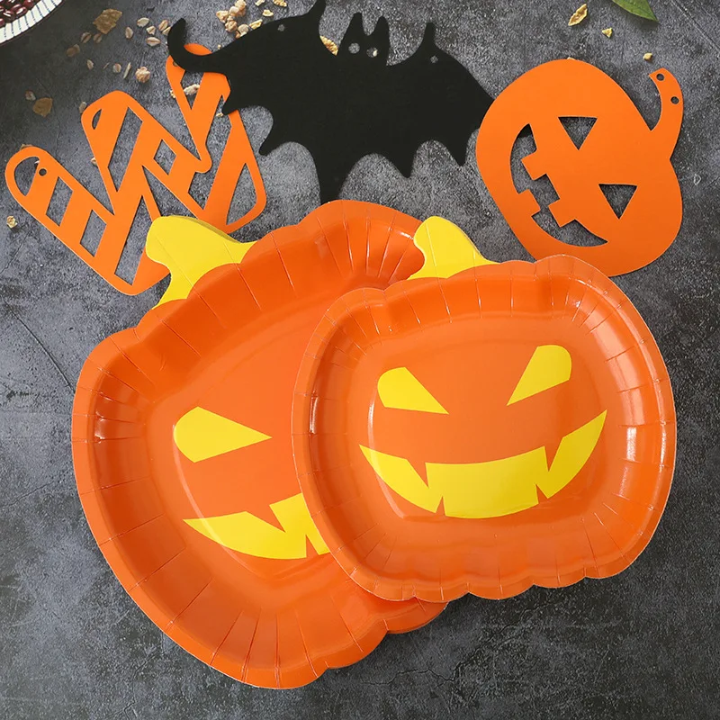 

HOUZHOU Halloween Theme Party Decoration Tableware Disposable Paper Tray Tissue Paper Cup Tableware Pumpkin Smiley Plate