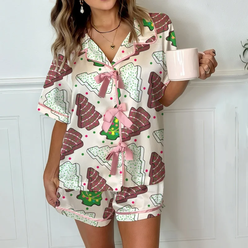 Damski świąteczny zestaw piżamowy z nadrukiem Świętego Mikołaja, różowa kokarda, dwuczęściowy komplet: koszula i spodnie do noszenia w domu.