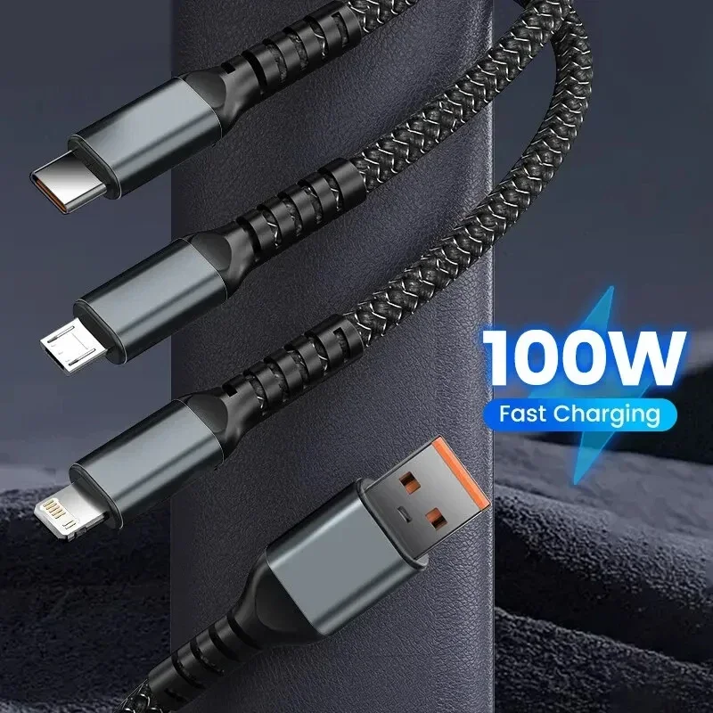 3 in 1 100w Transparent Fast Charging Cable Type C Usb Micro for Cellphone Pilot Lamp Charger Usb C 6A