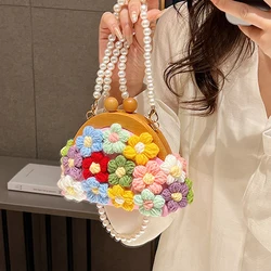 Woven Appliques Clip Bag Candy Color Wooden Shell Handbags Pearls Beading Shoulder Crossbody Bags for Women Mini Coins Purses