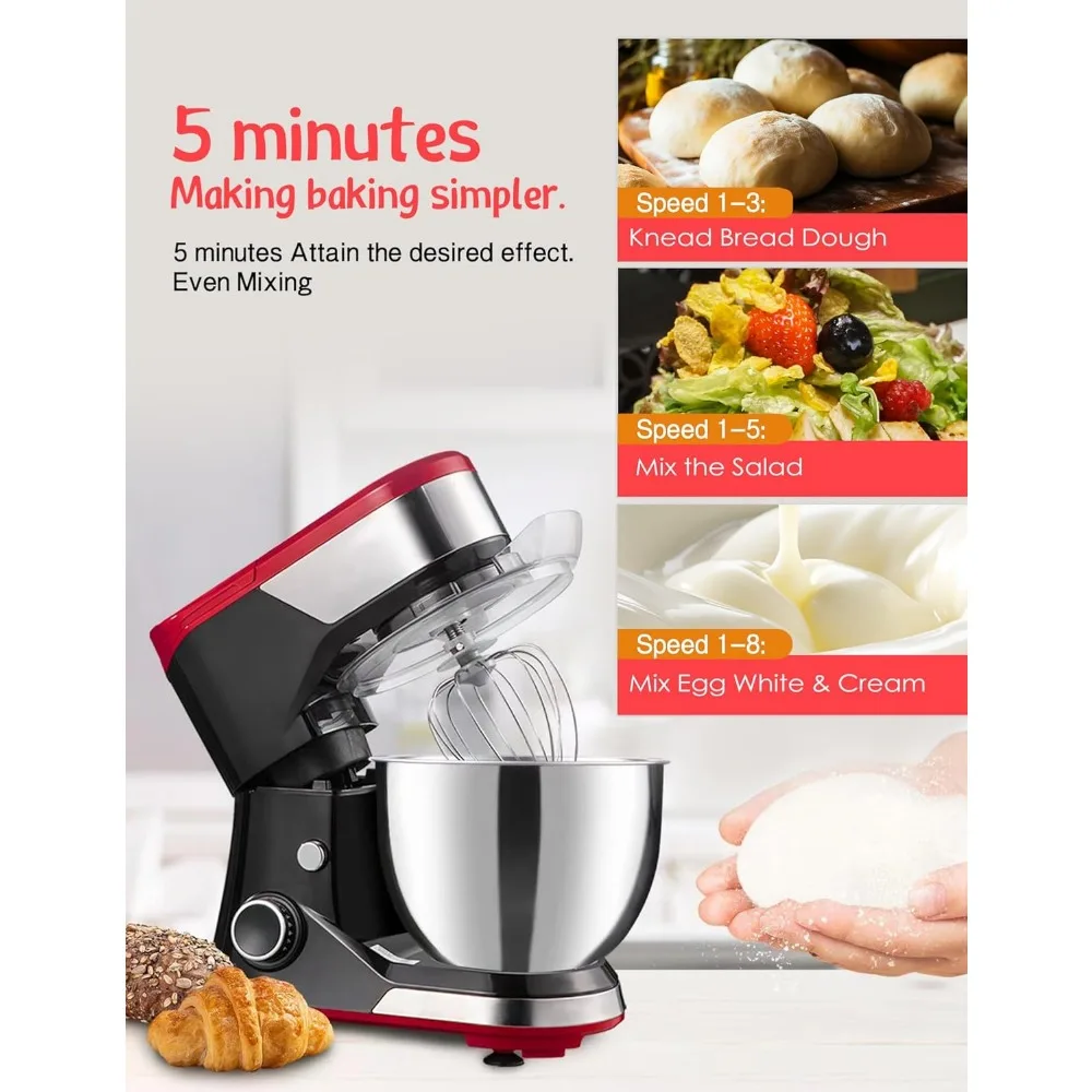 Electric Food Mixer, 8-Speed 600W Tilt-Head with Bowl, Dough Hook, Whisk and Beater, Stand Mixer