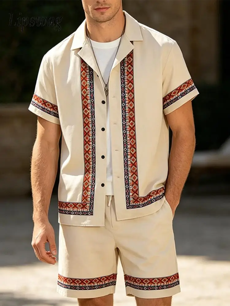 

Vintage Mens Striped Printing Two Piece Suits 2026 Summer Seaside Beach Fashion Short Sleeve Shirt And Shorts Men Outfits Sets