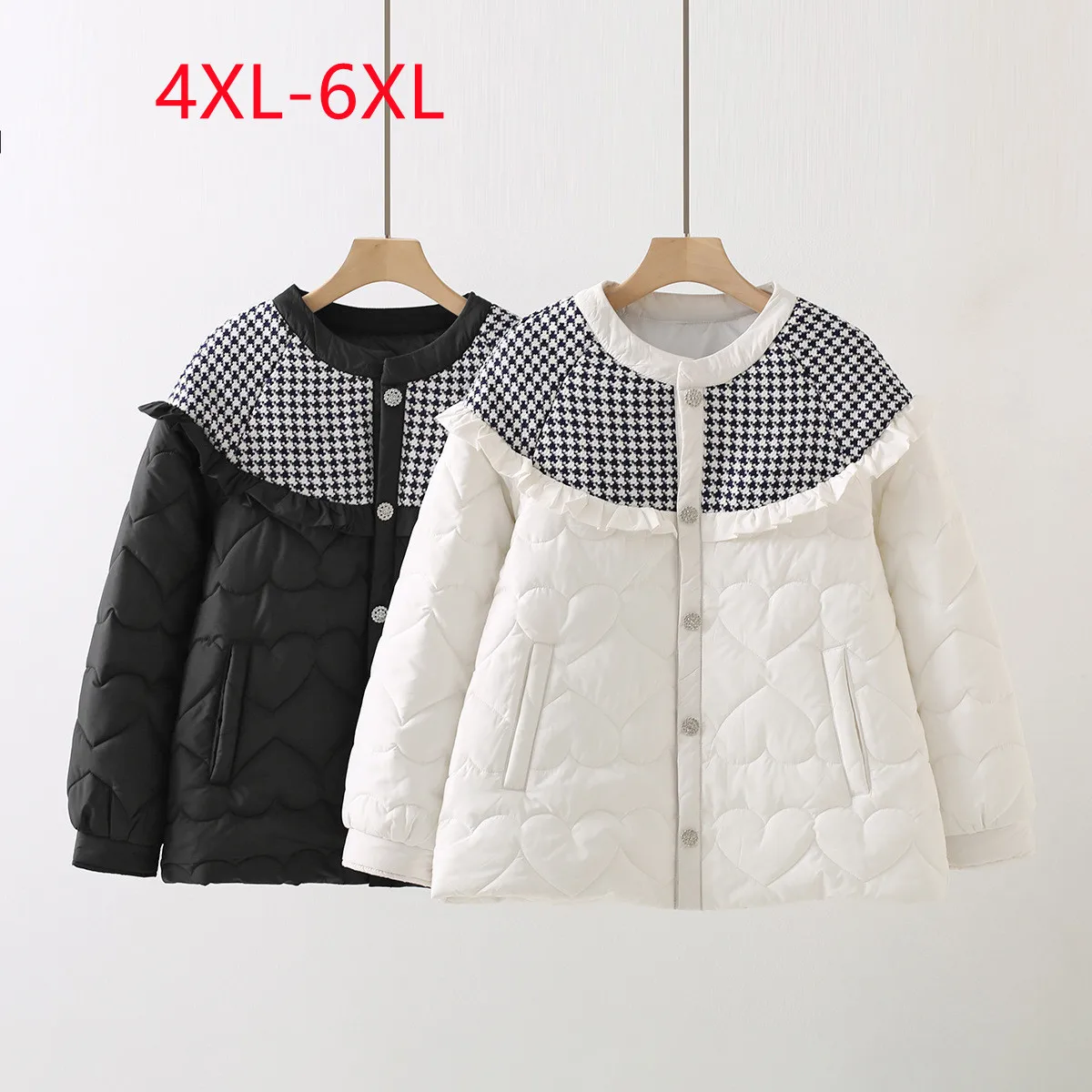 New 2022 Ladies Winter Plus Size Tops For Women Large Size  Ruffle plaid Spliced black Long Sleeve O-neck Coat 4XL 5XL 6XL