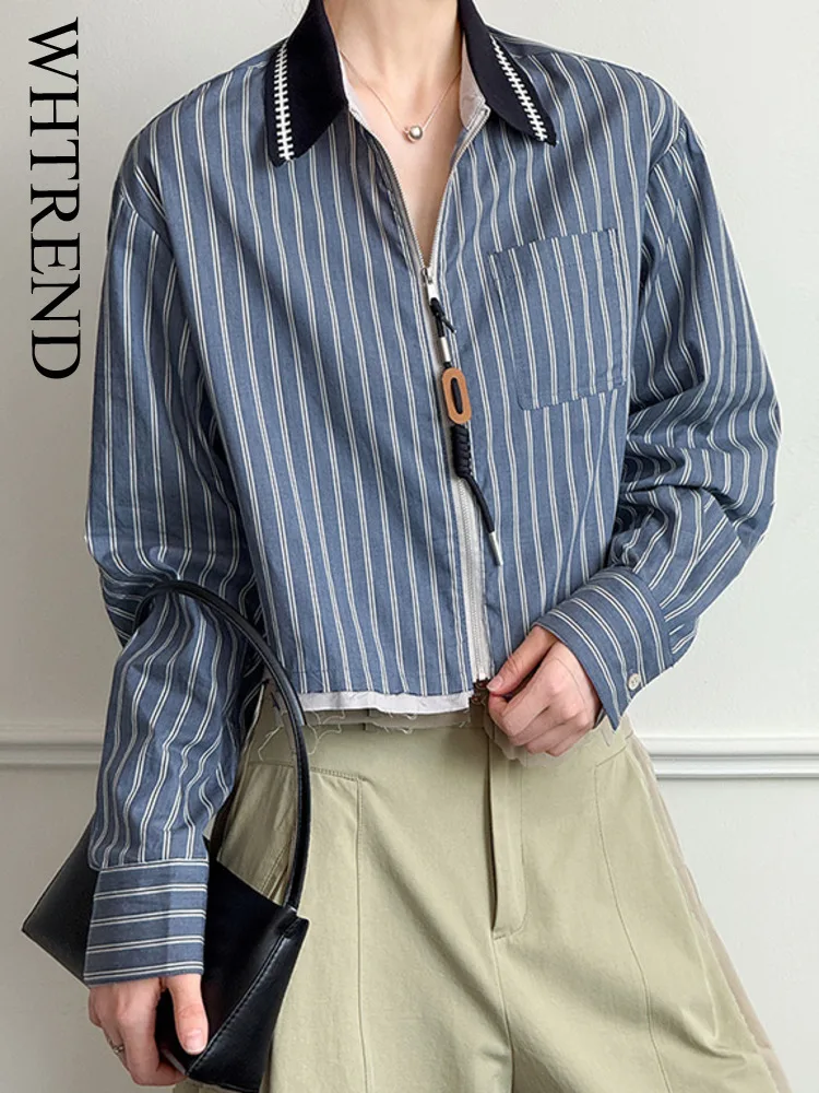 

WHTREND Ранняя осень, новая темно-синяя полосатая рубашка с длинными рукавами для женщин, свободный повседневный топ WH1401