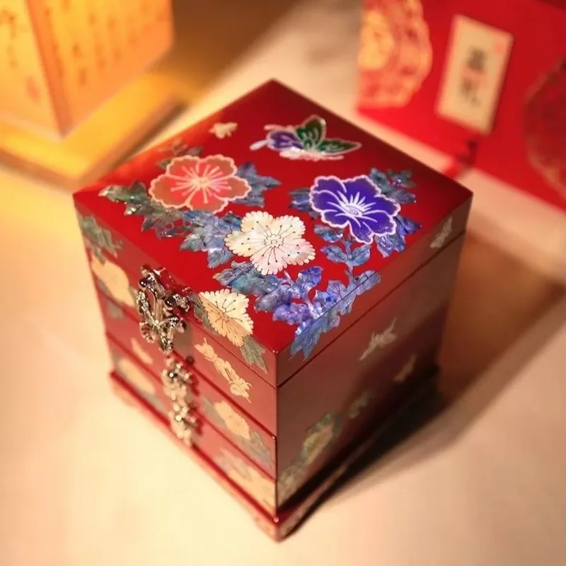 Wooden Jewellery Box Earrings Necklace Bracelet Storage Boxes Chinese Retro Luxury Display Case Large Capacity With Mirror Boxes