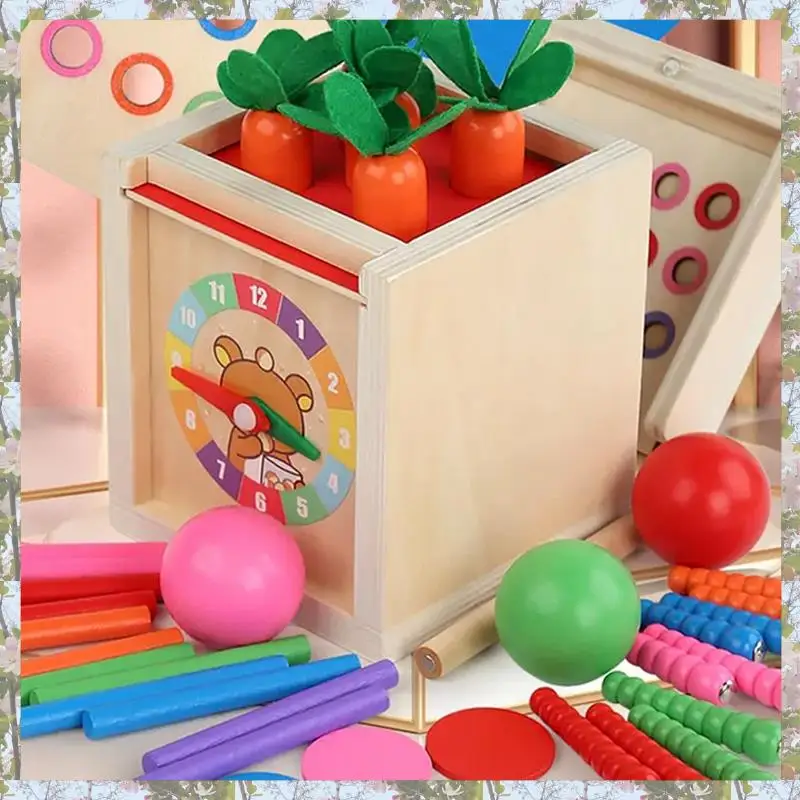 T84C-6-In-1 ไม้ Montessori ชุดวัตถุถาวรกล่องเล่นชุดเหรียญกล่องแครอท Harvest Shape Sorter Ball DROP Dur