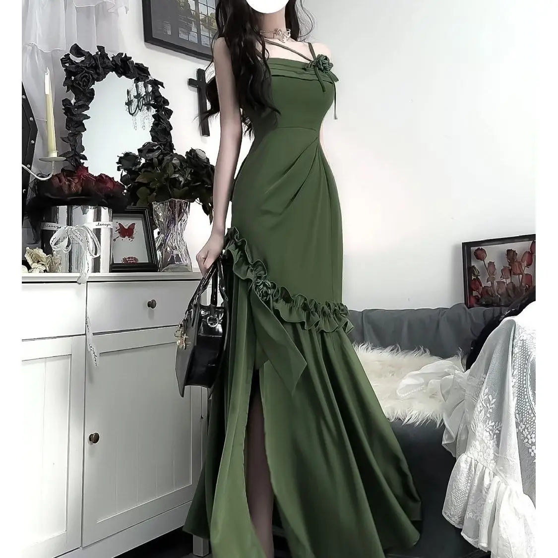 Gaganight Women Spring French Style Green Sling Dress 2024 Summer New Vintage Sexy Slim Birthday Party Dresses Female Vestidos