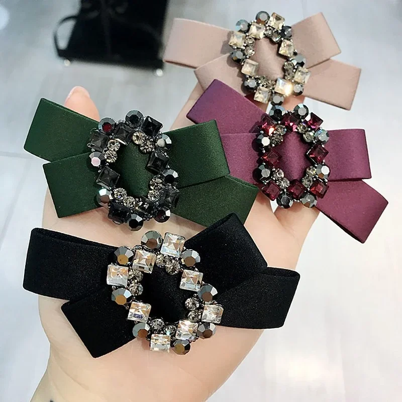 Korean Temperament Bow Hairpin Rhinestone Spring  Clip Retro Black Cross grip Barrettes for Women Girls  Accessories