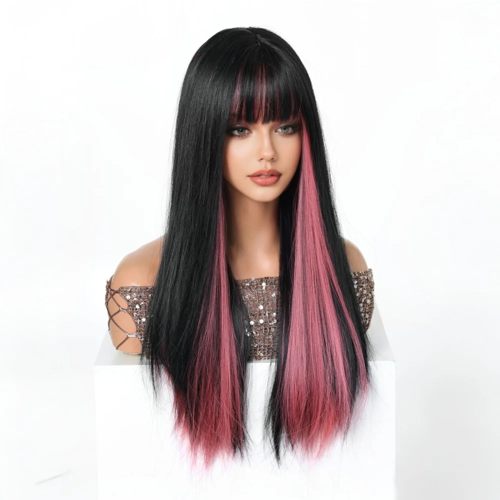 Easihair Black with Red Pink Highlight Long Straight Wig With Bangs Heat Resistant Synthetic Hair Gothic Halloween Cosplay Wigs - view 4