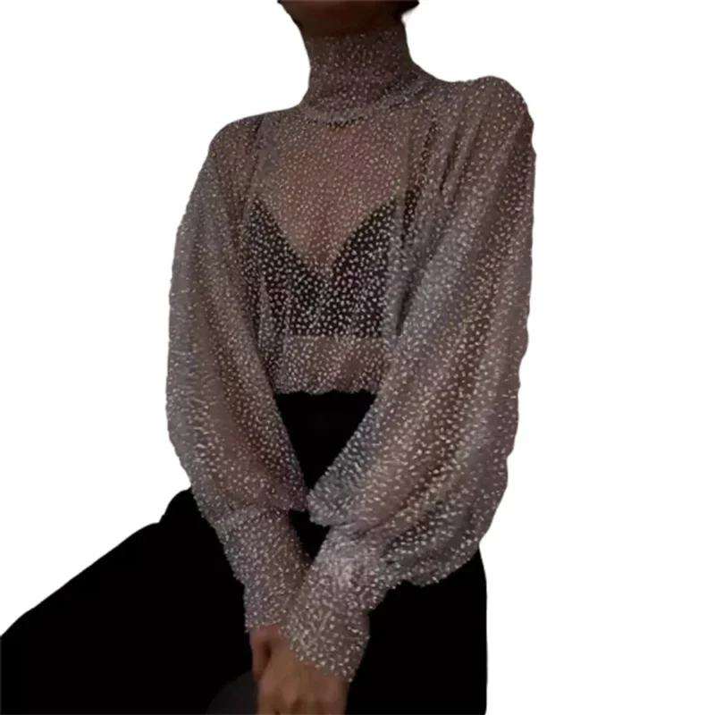 

Fashion Sexy See-through Mesh Shirt Turtleneck Sequins Splicing Loose Lantern Long Sleeve Blouse Spring Autumn Daily Female Tops