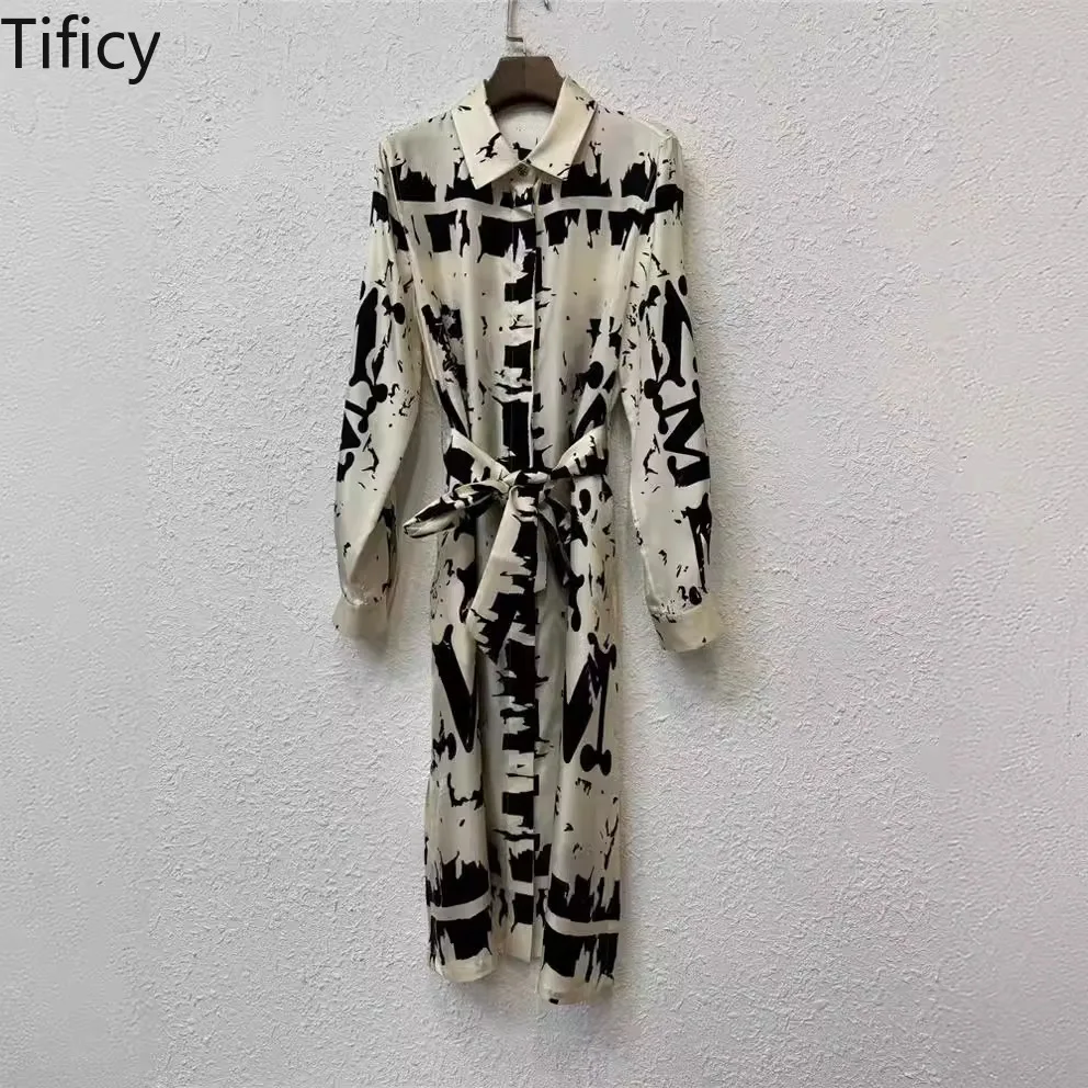 

TIFICY Women's New Twill Ink Printed and Dyed Collar Long Sleeved Shirt Style Medium Length Mulberry Silk Dress