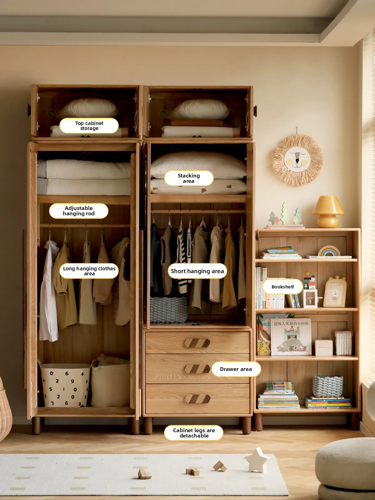 LMM solid wood oak stacked combination cabinet bedroom wardrobe clothes storage cabinet