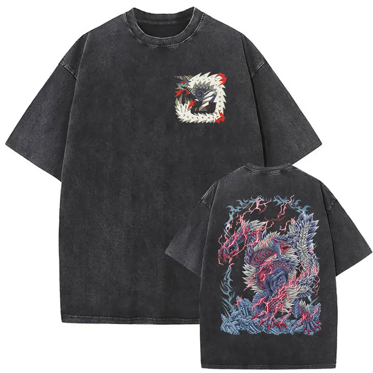 Vintage Washed Stygian Zinogre Monster Hunter Game Fans Player T Shirts Men Women Clothing Fashion Oversized Cozy Cotton T-shirt