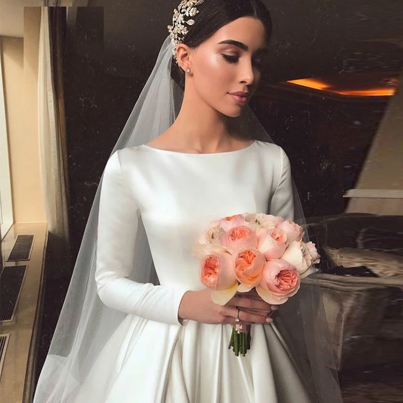 Customized Vestidos De Novia Simple Vintage White Satin Wedding Dress Long Sleeves Princesa Bridal Gown CustomizedRobe Mariée