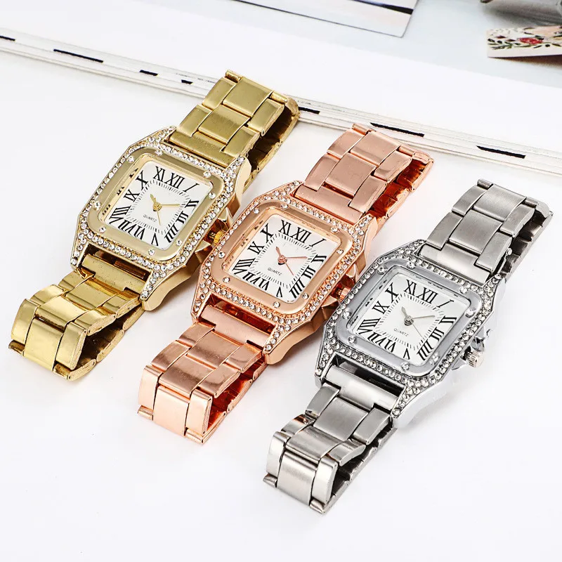 High Quality Fashion Business Lady Watch Fashion Trend Roman Scale Personalized Square dial with Diamond Quartz Steel Band Reloj