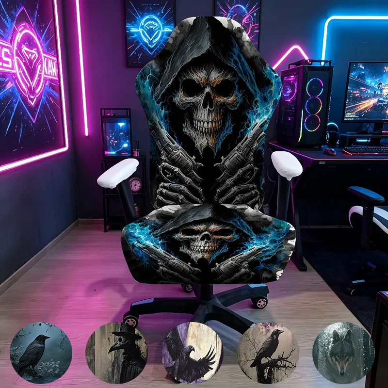 1PC E-sports Chair Cover Death Skull Crow Gray Wolf Print Elastic Game Chair Cover Washable and Scratch-Proof Office Seat Cover