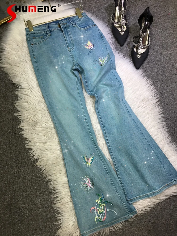 

Women's Rhinestone Jeans Handmade Embroidered Butterfly High Waist Slimming Denim Pants 2024 Spring Summer Long Denim Pants