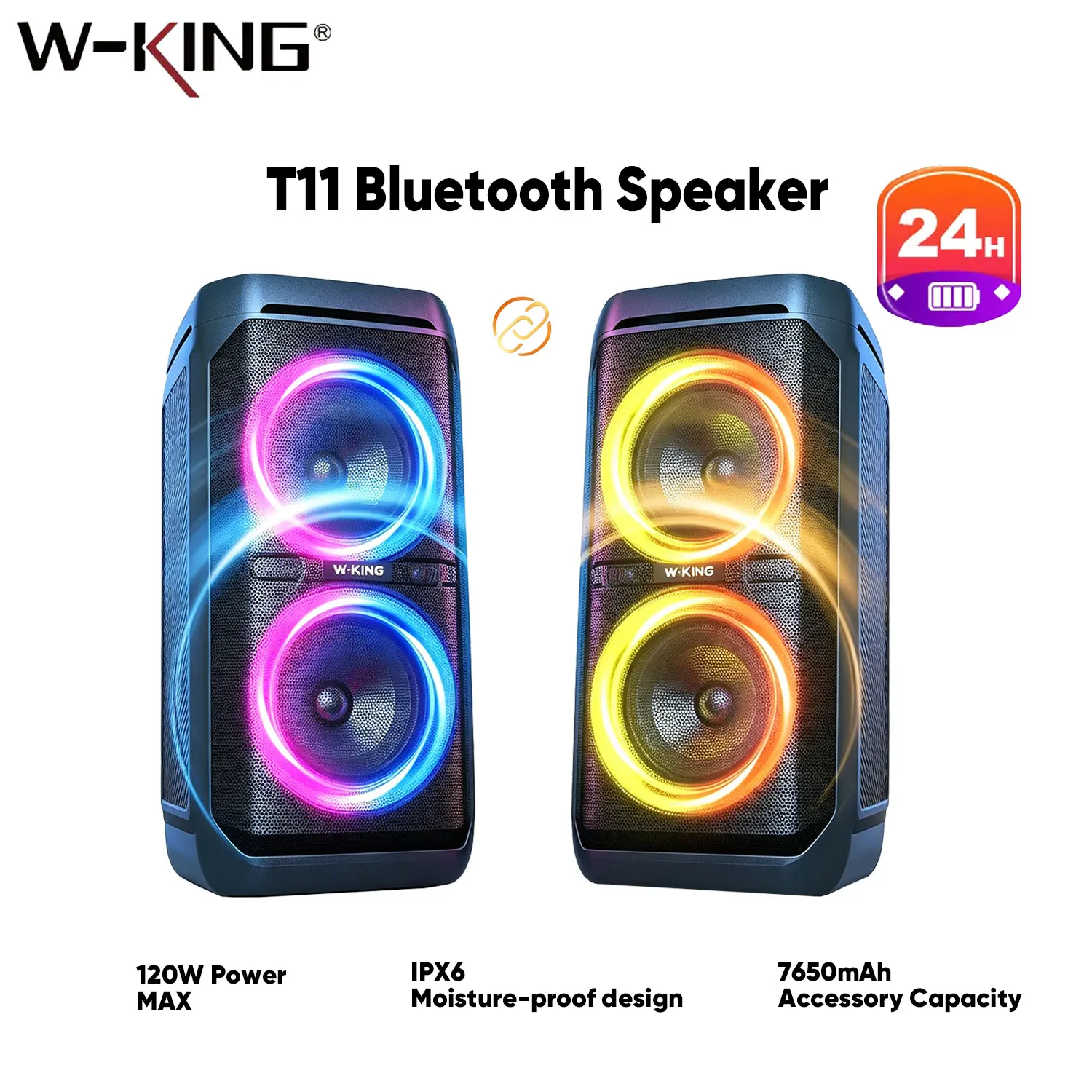 

Беспроводная портативная Bluetooth-колонка W-KING 120W со встроенным зарядным устройством для телефона, мощная колонка с сабвуфером
