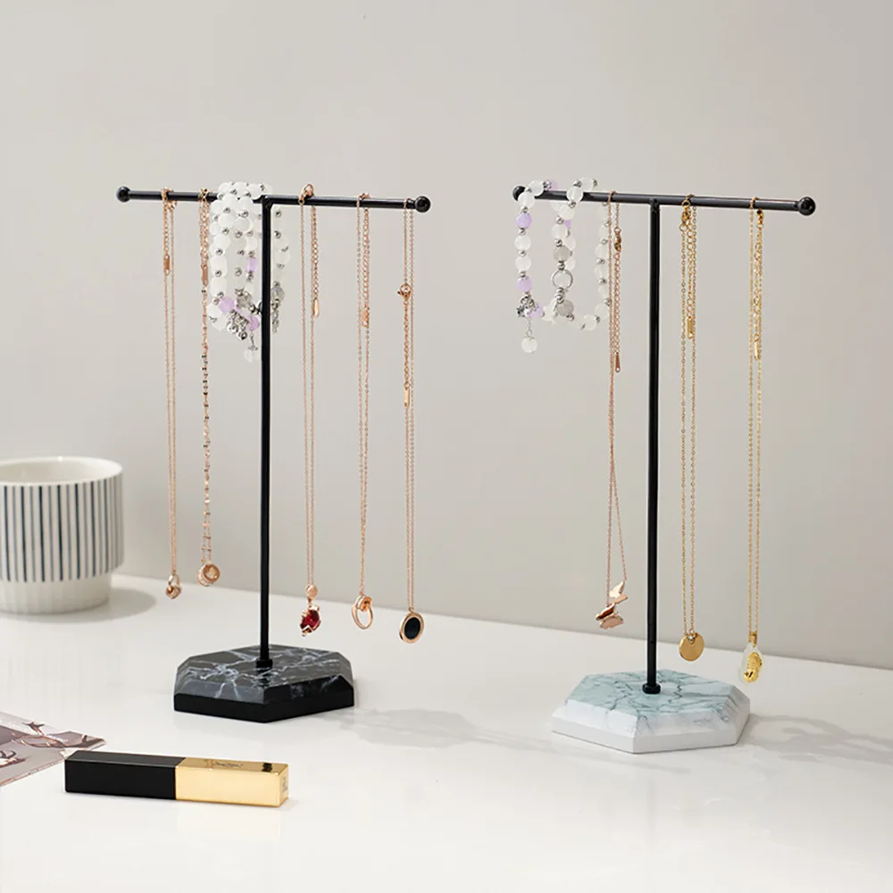 

2pcs Stand Set, T-shaped Necklace Holder with Marble Base, Earring Bracelet Display Rack for Home Storage & Display