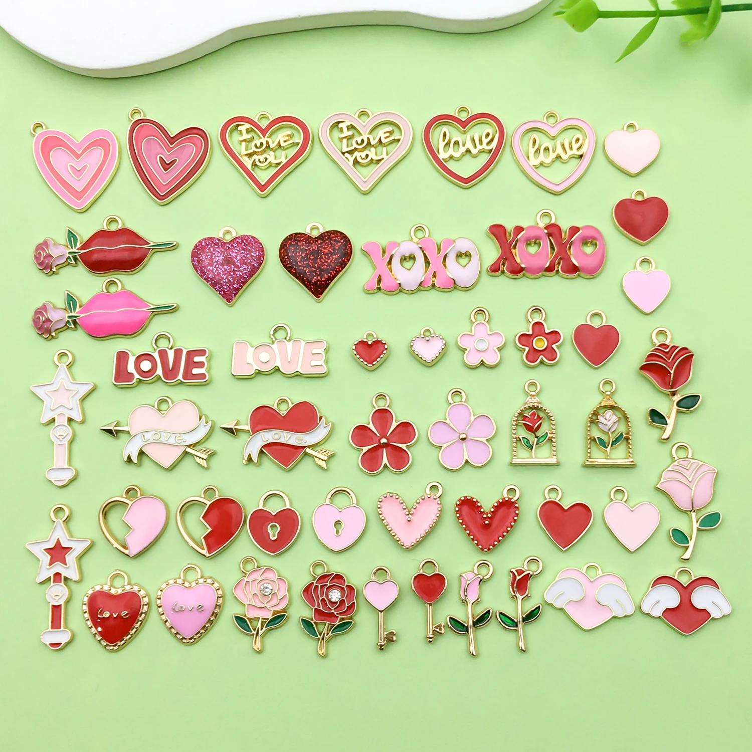 20/50pcs Enamel Heart, Rose Flower Charms Alloy Valentine's Day Pendants for DIY Bracelets Necklaces Jewelry Making Accessories