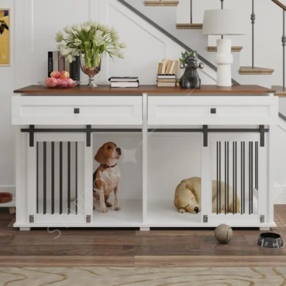 Double Dog Crate Furniture for 2 Dogs, XXL Wooden 2 Dog Kennel, Wooden Dog Kennel with 2 Drawers,Divider