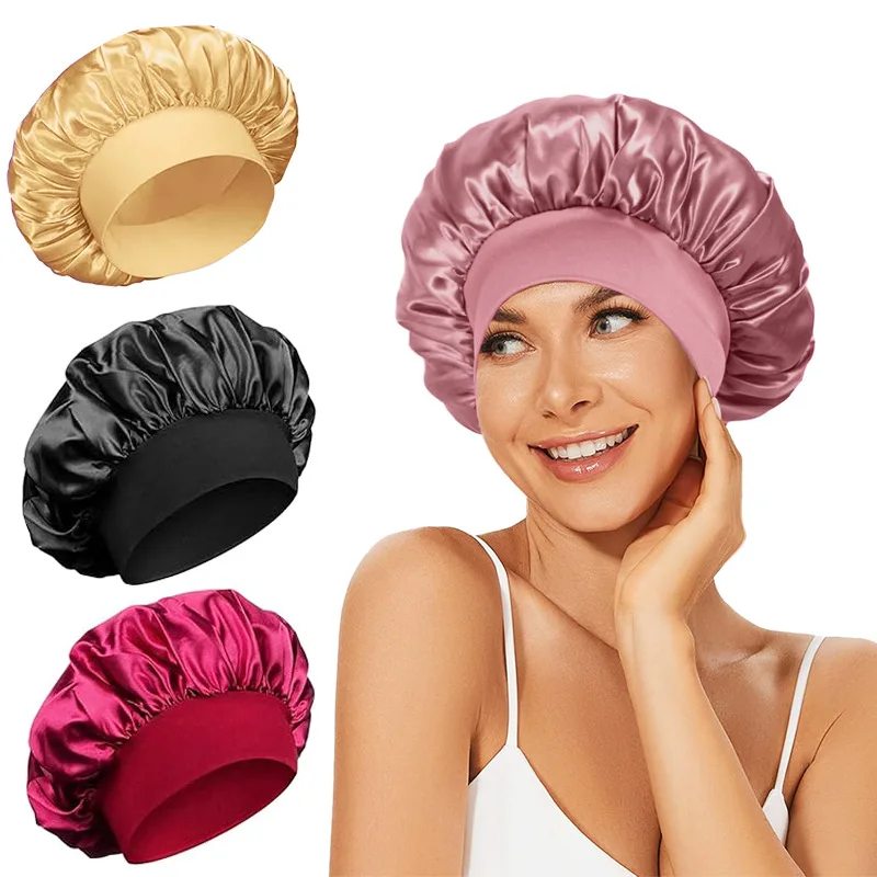 Women Satin Bonnet Hair Bonnet for Sleeping Hair Care Silk Bonnets Solid Wide-brimmed Sleeping Hat with Elastic Soft Band