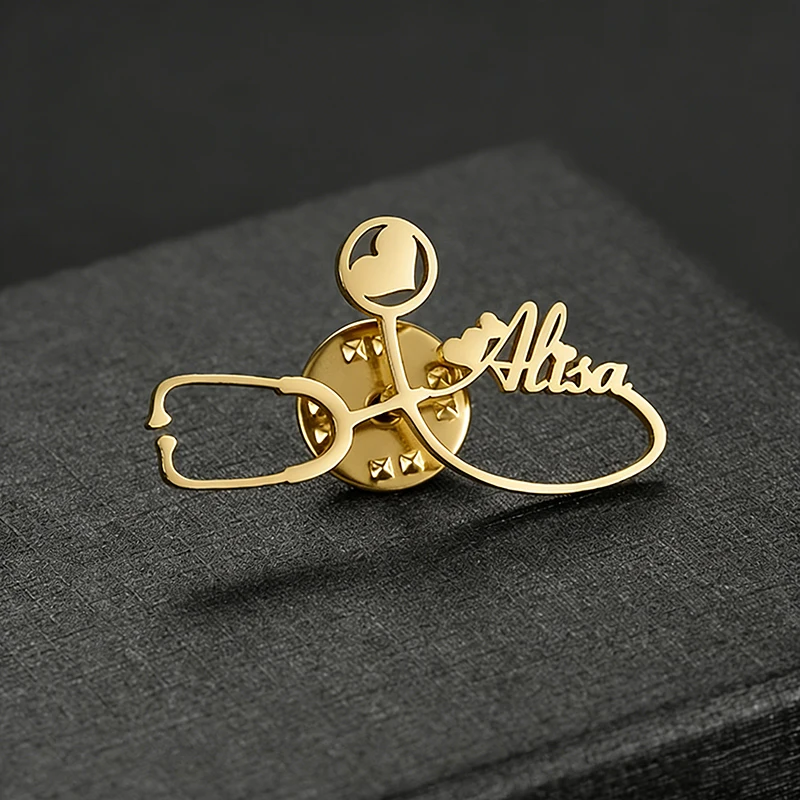 Auxauxme Custom Stethoscope Name Brooch Stainless Steel Personalized Doctor Nurse Pins Badge Nameplate Brooch Jewelry Gifts